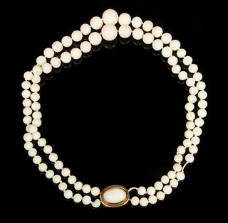 DOUBLE STRAND OF WHITE CORAL GRADUATED BEADS WITH 18K GOLD CLASP