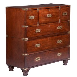 TWO PART MAHOGANY CAMPAIGN CHEST WITH DESK