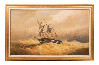MONUMENTAL 19TH C. PAINTING OF SHIP IN STORM