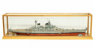 LARGE CASED SHIP MODEL OF THE USS MISSOURI WITH PHOTO OF THE JAPANESE SURRENDER AND DOCUMENTS
