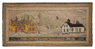 EARLY 20TH C. TOPICAL MAINE HOOKED RUG, MOUNTED TO HANG