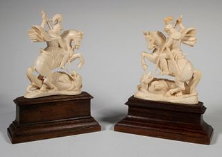 19TH C. PAIR OF IVORY ON WOOD ST. GEORGE SLAYING THE DRAGON BOOKENDS