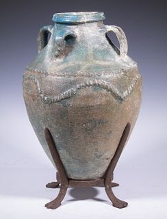 13TH-14TH C. PERSIAN KASHAN FOUR-HANDLED POTTERY JAR ON IRON STAND