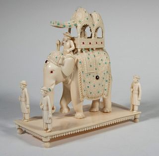 19TH C. ANGLO-INDIAN FIGURAL ELEPHANT WITH HOWDAH AND ATTENDANTS