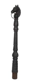 19TH C. CAST IRON HITCHING POST WITH HORSE HEAD FINIAL