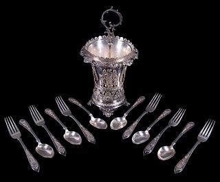 SILVER SPOONER, PLUS FLATWARE, WITH CYRILLIC MARKS