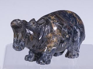 CASED RUSSIAN CARVED LAPIS HIPPO FIGURE