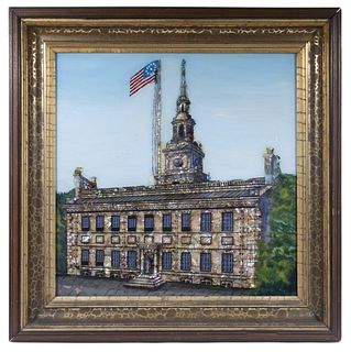 LARGE REVERSE GLASS PAINTING OF INDEPENDENCE HALL, PHILADELPHIA