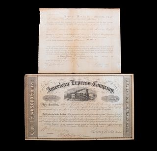 1853 FIRST ISSUE AMERICAN EXPRESS CO. STOCK CERTIFICATE SIGNED BY WELLS & FARGO & 1855 TRANSFER, UNFRAMED.