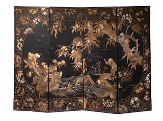 JAPANESE 19TH C. EMBROIDERED FOLDING SCREEN WITH MONKEYS