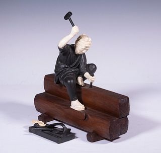 19TH C. JAPANESE BRONZE AND IVORY TRADESMAN OKIMONO ON WOODEN BASE WITH ACCESSORY BRONZE PIECE