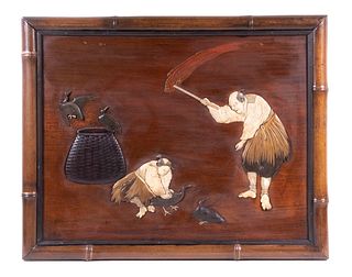 19TH C. JAPANESE INLAID PLAQUE OF DUCK CATCHERS, FRAMED