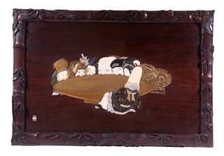 19TH C. JAPANESE INLAID PLAQUE WITH SEVEN FIGURES, FRAMED