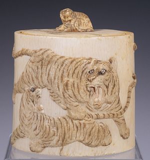19TH C. JAPANESE BOX WITH TIGERS & FINIAL