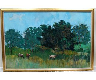 HERB MEARS "THREE COWS" OIL ON PANEL PAINTING