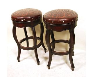 PAIR OF EMBOSSED LEATHER SEAT BAR STOOLS
