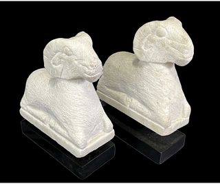 PAIR OF CHIESE MARBLE RAMS ON WOODEN BASES
