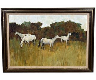 HERB MEARS "FOUR HORSES" OIL ON PANEL PAINTING