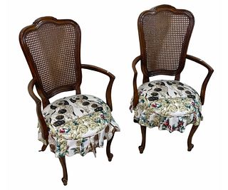 PAIR CANE BACK STAFFORDSHIRE PRINT SEAT ARMCHAIRS