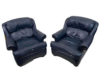 PAIR OF BLUE LEATHER CLUB CHAIRS