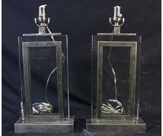 PAIR OF METAL AND GLASS LAMPS