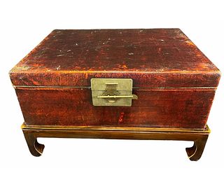 ANTIQUE CHINESE LACQUERED LEATHER TRUNK
