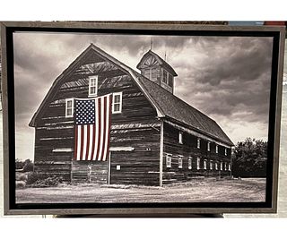 FRAMED RUSTIC BARN WITH US FLAG