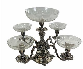 VINTAGE EPERGNE WITH CRYSTAL BOBECHES