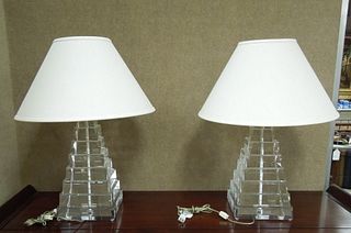 Pair of Acrylic Lucite Square Stacked Lamps.