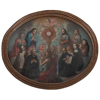 EXALTACIÓN DE LA EUCARISTÍA. MÉXICO, SIGLO XVIII. Óleo sobre tela. 79 x 97 cm