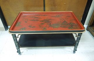 Oriental Style Red Lacquered Top Coffee Table. 