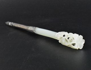 Chinese Silver Mounted Jade Carved Pen, 18th C.