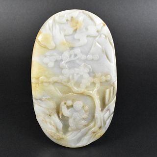 Chinese Jade Carved Oval Plaque w/ LiuHai, 19th C.