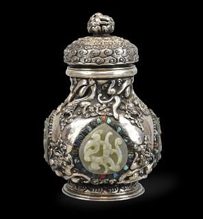 Chinese Silver Covered Vase w/ Ming Jade,19th C.