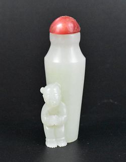 Chinese Jade Carved Snuff Bottle w/ Boy, Qing D.