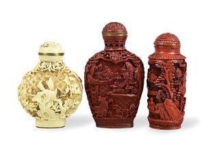 3 Chinese Carved Cinnabar Snuff Bottle, Qing D.
