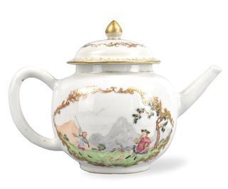 Chinese Dutch Market Hunting Scene Teapot ,18th C.