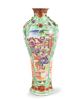 Chinese Canton Glazed Vase w/ Figures, Qianlong P.
