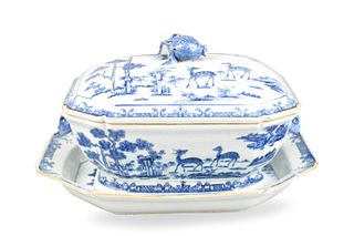 Set of Chinese Blue & White Tureen w/ Deer,18th C.