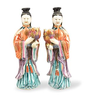 Pair Chinese Lady w/Lotus Candleholders,Qianlong P