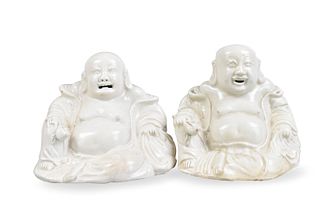 Pair of Chinese Ge Glazed Laughing Buddha, 19th C.