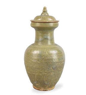 Chinese Yue Ware Celadon Covered Jar, Yuan D.