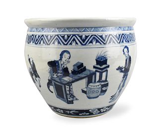 Chinese Blue & White Fish Bowl w/ Figures, 19th C.