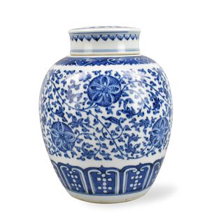 Chinese Blue & White Floral Covered Jar, 18th C.