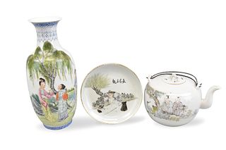 3 Chinese Famille Rose Teapot, Dish & Vase, ROC P.