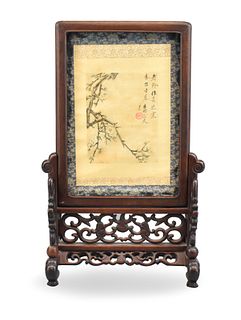 Chinese Wood Framed Silk Painting Table Screen