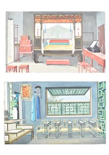 2 Chinese Canton Painting of Rooms, 19/20th C.