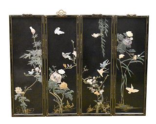 Set 4 Chinese Panels inlaid w/ Jade & Stone,20th C