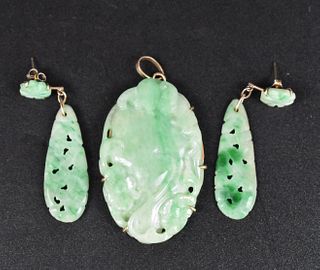 Pair of Chinese Jadeite Earrings & Necklace,14k
