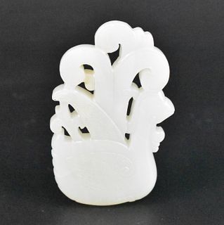 Chinese White Jade Carved Phoenix Pendant, 18th C.